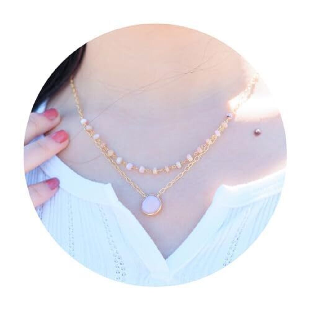 8911 Pink Opal Layering Necklace , Premium Layered Gold Necklaces - Tarnish
